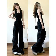 批发美式复古运动<b class='q'>套装</b>女夏季显瘦时尚背心工装阔腿裤休闲两件套跑步潮
