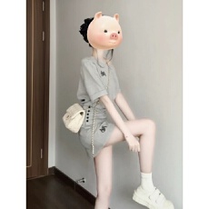 批发气质斜肩<b class='q'>短袖</b>套装<b class='q'>女</b>夏季学生宽松显瘦韩版时尚短裙休闲运动两件套