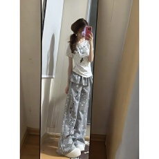 批发韩系甜妹休闲运动套装<b class='q'>女</b>夏季波点<b class='q'>短袖</b><b class='q'>T</b><b class='q'>恤</b>阔腿长裤可爱减龄两件套
