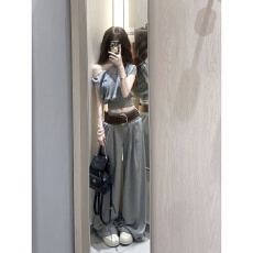 批发韩系灰色华夫格短款斜肩上衣<b class='q'>女</b>装夏季设计感腰带收腰阔腿裤<b class='q'>两件</b>套