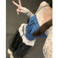 批发蓝色绑带抹胸碎花长袖<b class='q'>上衣</b>女夏韩系chic超火一整套<b class='q'>装</b>休闲阔腿长<b class='q'>裤</b>
