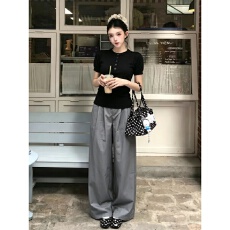 批发韩系黑色排扣设计针织<b class='q'>短袖</b>T恤女夏季宽松慵懒风高腰阔腿<b class='q'>裤</b><b class='q'>两件套</b>