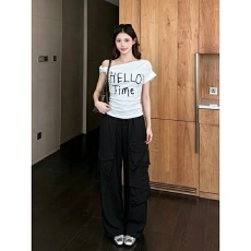 批发美式炸街运动套装<b class='q'>女</b>夏季斜肩扭结短袖t恤工装阔腿裤休闲<b class='q'>两件套</b>潮