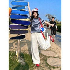 批发美式炸街运动套装<b class='q'>女</b>夏季撞色条纹<b class='q'>短袖</b><b class='q'>t</b><b class='q'>恤</b>宽松休闲阔腿长裤两件套