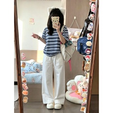 批发美式炸街运动<b class='q'>套装</b>女夏季撞色条纹短袖t恤宽松休闲阔腿长裤两件套