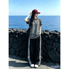 批发休闲<b class='q'>运动服</b>套装女夏季学生韩版减龄条纹短袖T恤阔腿长裤两件套潮