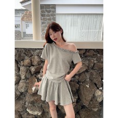批发设计感系带斜肩上衣休闲套装女夏法式小众休闲百搭短裙时尚<b class='q'>两件套</b>