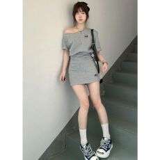 批发韩系慵懒风休闲运动套装女夏季时尚短款斜肩短袖短<b class='q'>裙</b>小个子两件套