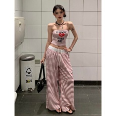 批发美式炸街运动服套装女<b class='q'>夏</b>季显瘦时尚辣妹抹胸上衣阔腿裤休闲两件套