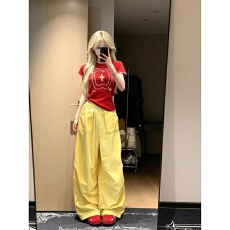 批发美式甜酷多巴胺穿搭运动套装女<b class='q'>夏</b>季宽松显瘦短袖阔腿裤休闲两件套