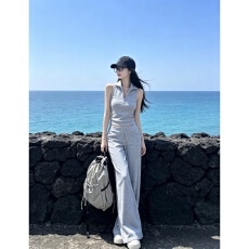 批发辣妹灰色休闲运动套装女夏新款韩版气质洋气无袖上衣阔腿裤两件套