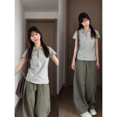 批发韩系少年感运动套装<b class='q'>女</b>夏季学生简约polo领短袖长裤休闲两件套ins