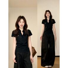 批发韩系小个子休闲运动套装女夏季正肩显瘦polo领短袖长裤ins两件套