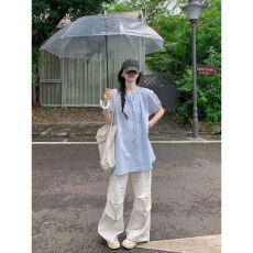 批发小清新减龄休闲<b class='q'>运动服</b>套装女夏季波点<b class='q'>短袖</b>娃娃衬衫工装长裤两件套