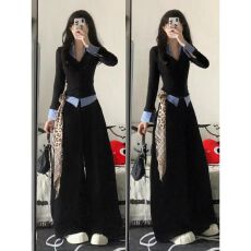 批发美式学院风<b class='q'>运动服</b>套装女春秋宽松时尚假两件卫衣阔腿裤休闲两件套