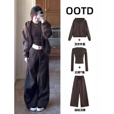 批发棕色卫衣休闲运动套装女秋季韩系一整套ootd穿搭独特绝美慵懒外套