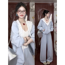 批发盐系高级感运动服套装女秋季宽松时尚连帽卫衣阔腿裤休闲两件套潮