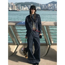 批发美式复古运动套装女秋季宽松显瘦百搭牛仔夹克外套长裤休闲两件套