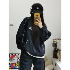 批发美式少年感运动服套装女秋冬季宽松休闲复古长袖外套长裤两件套潮