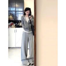 韩系条纹连帽卫衣女秋季修身短款拉链外套休闲慵懒风阔腿裤两件套