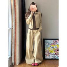 欧货复古秋季女套装时髦时尚洋气卡其色夹克外套高腰阔腿裤两件套