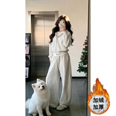 批发韩系简约加绒运动服套装女秋冬季高级感连帽卫衣高腰长裤两件套