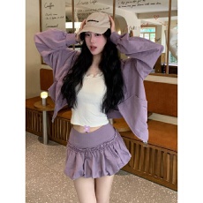 批发氛围感紫色拉链连帽卫衣套装女秋季新款运动辣妹风花苞短裙两件套