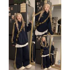 批发秋季宽松时尚休闲运动套装女潮牌美式复古撞色条纹<b class='q'>卫衣</b>卫裤两件套