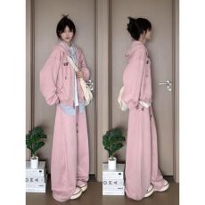 批发日系慵懒风休闲运动服套装女秋冬宽松减龄学生短款连帽卫衣两件套