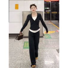 批发时尚<b class='q'>休闲</b><b class='q'>运动</b>套装女秋季新款假两件连帽卫衣高腰直筒长裤两件套装