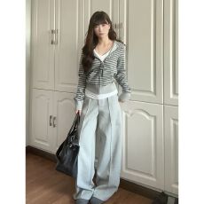 韩系慵懒风时尚秋冬休闲运动套装女显瘦条纹开衫外套阔腿裤两件套