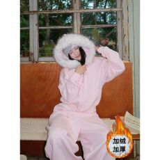 甜美少女粉色运动服套装女秋冬加绒加厚连帽卫衣外套休闲两件套