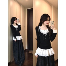 批发韩系早秋季穿搭一整套女假两件蕾丝花边长袖上衣波点<b class='q'>裤</b>子两件套<b class='q'>装</b>