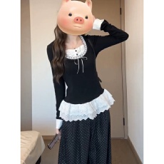 批发韩系秋季穿搭一整套ootd假两件蕾丝长袖上衣波点阔腿<b class='q'>裤</b>子两件套<b class='q'>装</b>