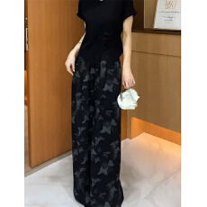 批发美式复古蝴蝶印花阔腿裤女夏季新款高腰设计感休闲裤子