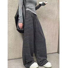 批发原版面料 灰色条纹休闲阔腿裤女春秋新款宽松百搭直筒裤