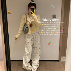 批发薄款加绒华棉复合美式涂鸦印花休闲裤女<b class='q'>秋</b>冬加绒阔腿裤