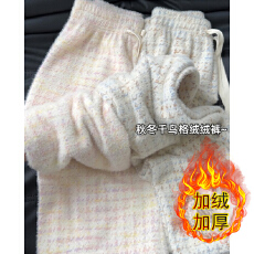 批发千鸟格阔腿裤女秋冬款高腰慵懒宽松显瘦加绒休闲直筒裤