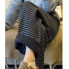 批发有口袋毛巾布面料 高腰条纹<b class='q'>休闲裤</b>女秋冬加绒慵懒宽松