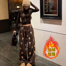 批发薄款/加绒复合超柔 可爱印花休闲阔腿裤<b class='q'>女</b>秋冬新款慵懒