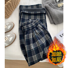 批发薄款/加绒复合超柔 复古格子休闲<b class='q'>裤</b>女秋冬<b class='q'>新款</b>宽松阔腿<b class='q'>裤</b>