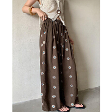 批发日系复古咖色印花阔腿裤女夏季新款高腰垂感设计感休闲裤