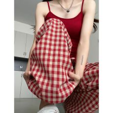 原版面料 红色格子裤子女夏季新款高腰显瘦宽松休闲阔腿裤