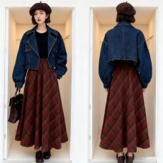 批发复古撞色格纹毛呢半身裙女2025秋冬新款<b class='q'>百搭</b>显瘦中长款A字大摆裙