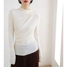 批发不对称捏褶设计肌理感修身针织打底衫女初春高领佳长袖毛衣