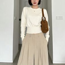 批发灰色圆领收腰套头长袖针织霓衫女秋季修身显瘦设计感休闲上衣