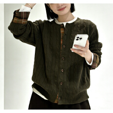 批发设计感小众绿色毛衣<b class='q'>开衫</b>外套女复古慵懒英格子拼接麻花<b class='q'>针织</b>上衣