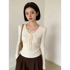 批发韩系拼接蕾丝V领系带针织打底衫初春独特超好兜看内搭漂亮小上衣