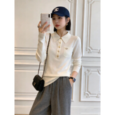 批发复古polo翻领小金扣套头<b class='q'>针织衫</b>女轻奢韵气质显瘦带口袋打底毛衣