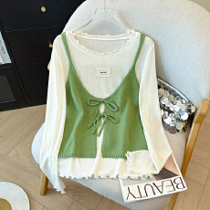 批发春季新款韩版两件套简约网眼针织衫+绑带设计款背心套装